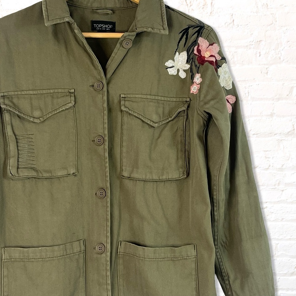 Top shop Olive Green Herringbone Military Jacket with Floral Embroidery size 2 - Picture 6 of 11